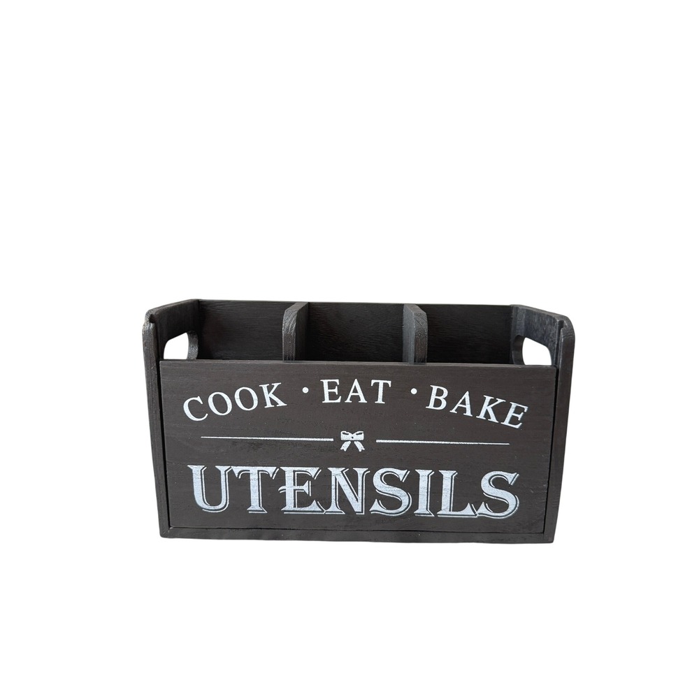 Black Wooden Utensil Holder Caddy Farmhouse Kitchen Organizer 3 Compartments